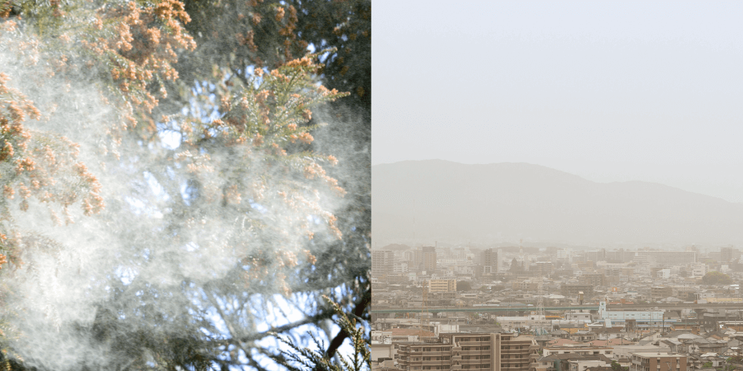 花粉や黄砂が舞う春の街の風景イメージ