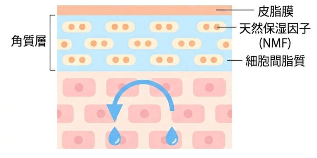 肌のバリア機能を示す角質層の構造図（皮脂膜・細胞間脂質・NMF）